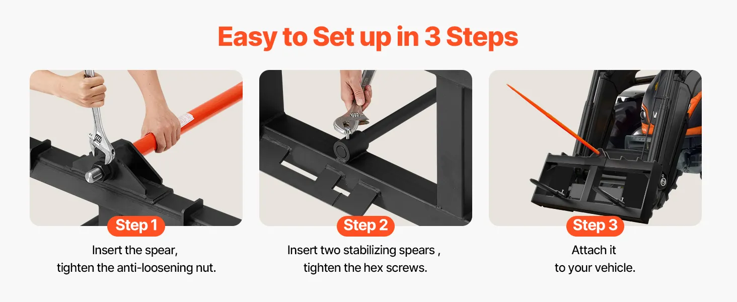 VEVOR 49" Hay Spear, Bale Spears 1600lbs Loading Capacity, Skid Steer Loader Tractor Attachment with 2pcs 17.5" Stabilizer Spears, Quick Attach Spike Forks