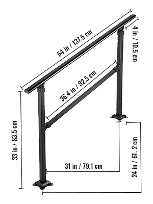 Barandilla de escalera para exterior VEVOR, metal negro, dimensiones etiquetadas para altura y longitud.