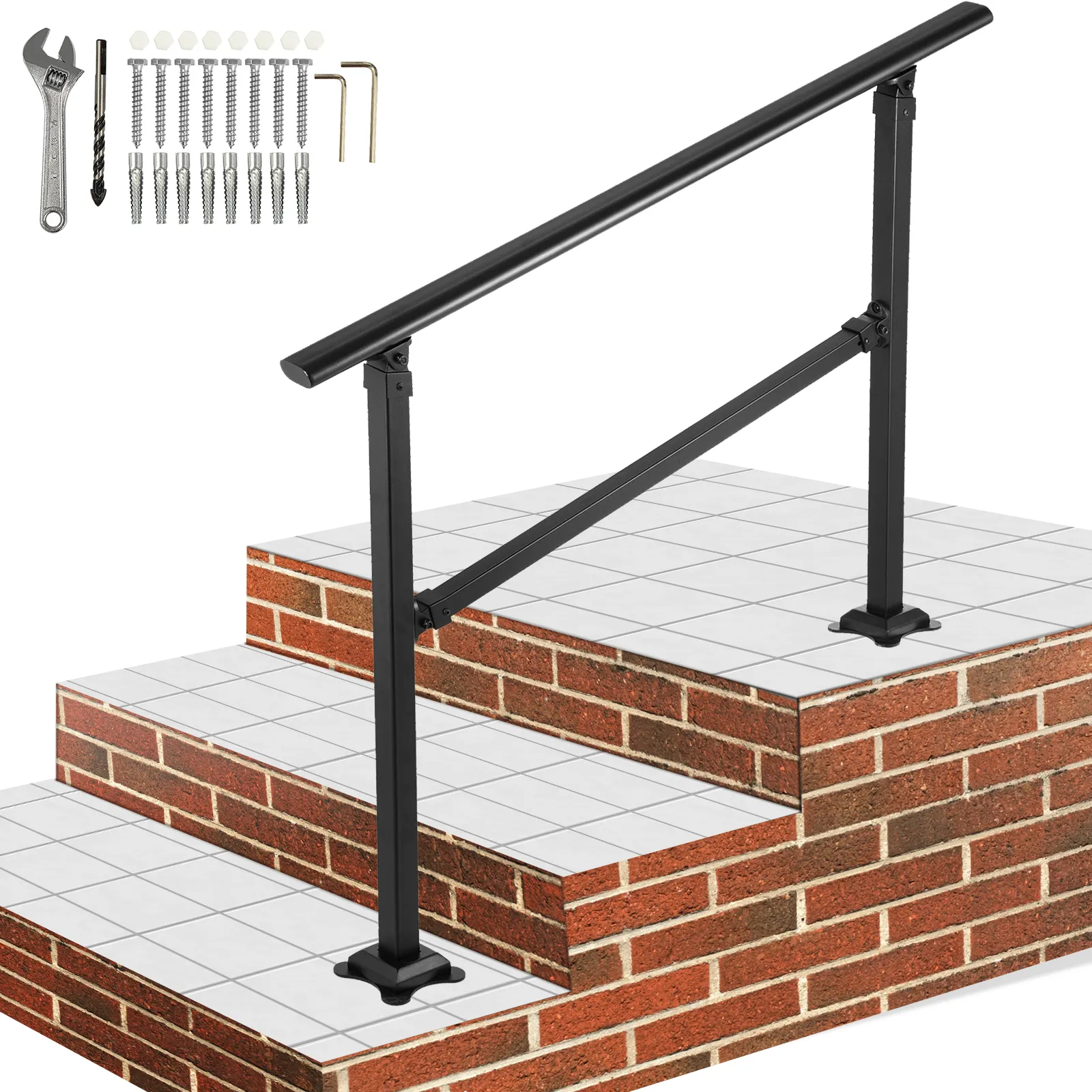 Barandilla de escalera para exterior VEVOR con herrajes de montaje sobre escalones de ladrillo y baldosas.