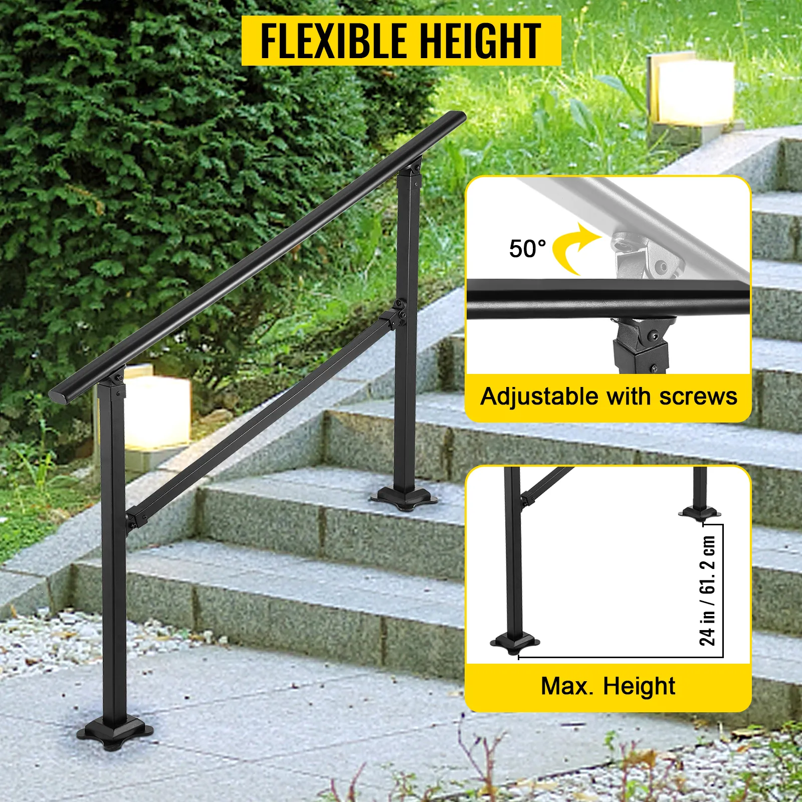 Barandilla de escalera para exterior VEVOR con altura flexible, ajustable con tornillos, altura máxima 24 pulgadas.
