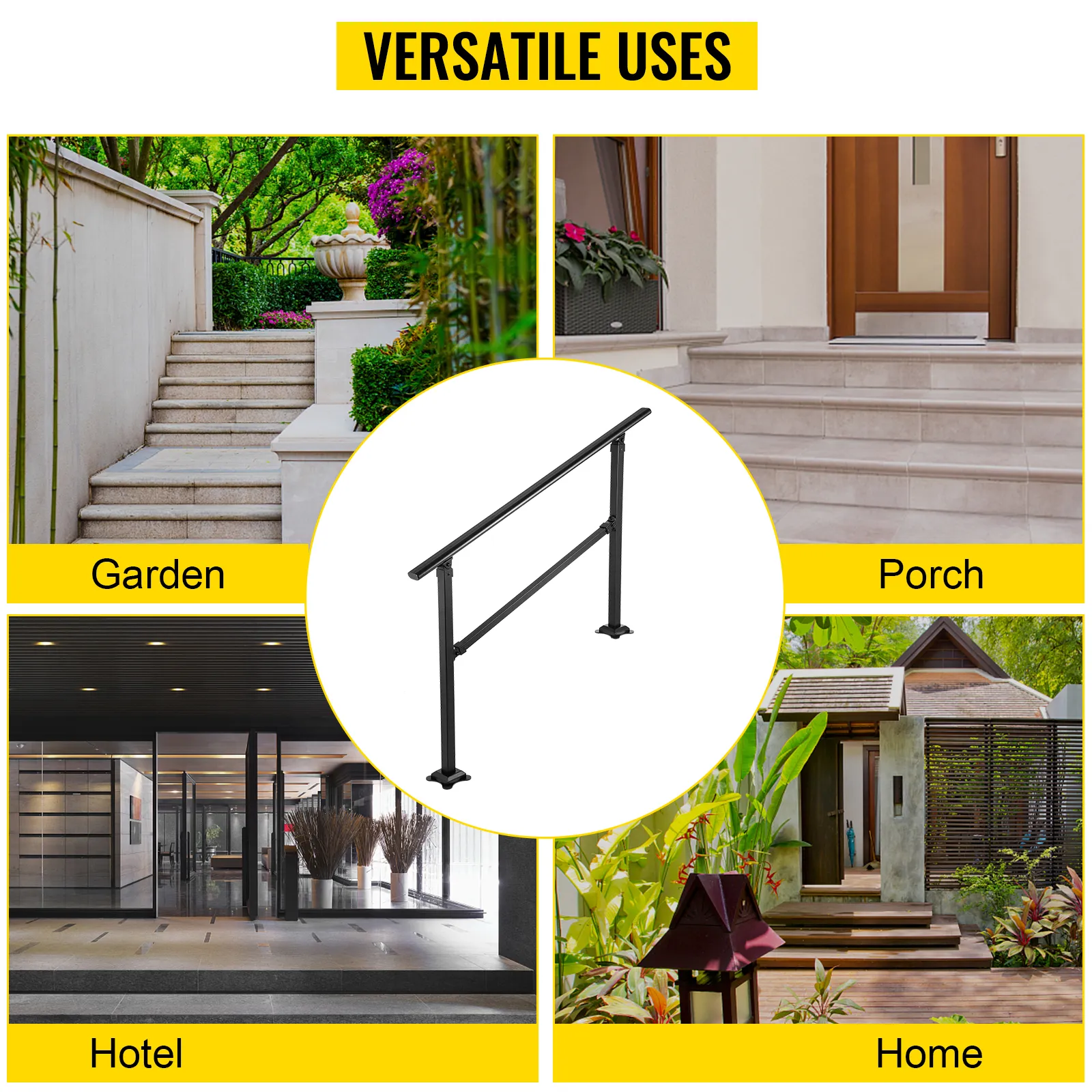 Barandilla de escalera exterior VEVOR en jardines, porches, hoteles y hogares. Usos versátiles.