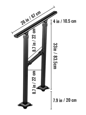 Barandilla de escalera para exterior VEVOR; dimensiones detalladas: 26" de largo, 33" de alto, 7,9" de ancho de base.