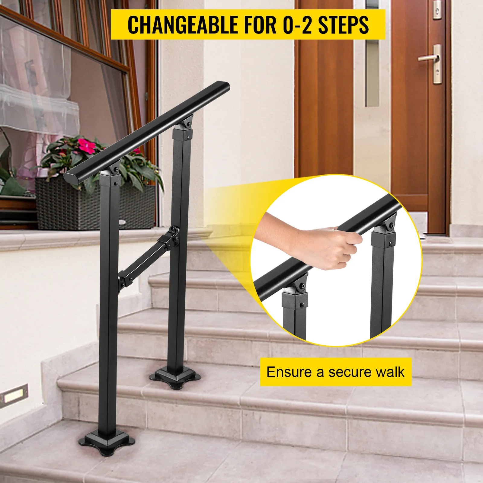 Barandilla de escalera exterior VEVOR para 0-2 escalones, que garantiza un soporte seguro y ajustable.