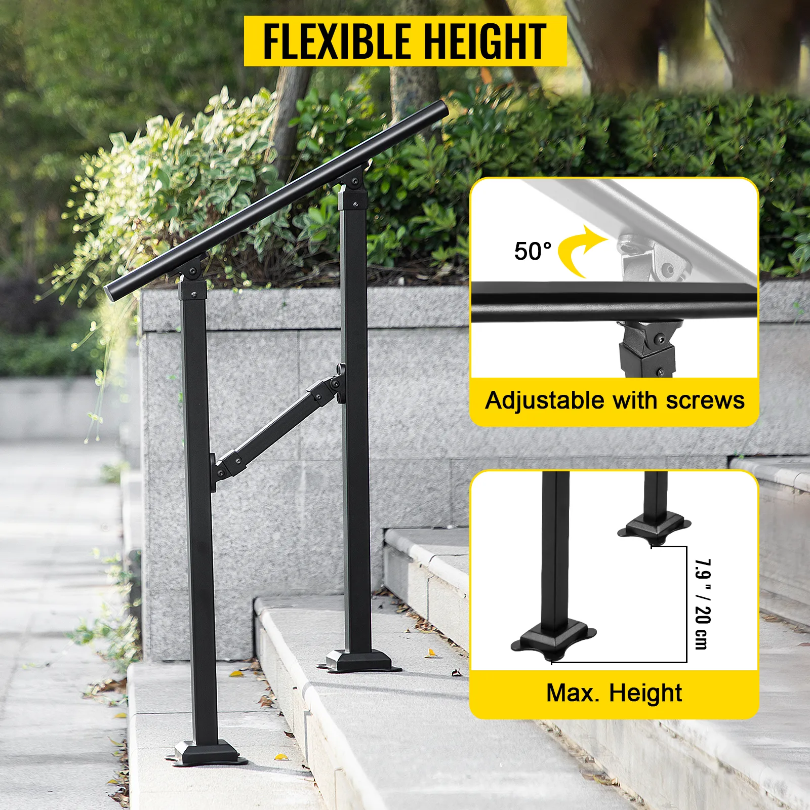 Barandilla de escalera exterior VEVOR ajustable con tornillos, altura máxima 20 cm, color negro.