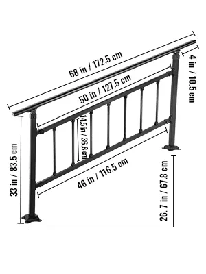 VEVOR outdoor stair railing dimensions: 68 in length, 33 in height, 50 in width.
