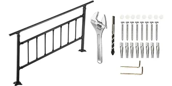VEVOR outdoor stair railing with installation tools and hardware.