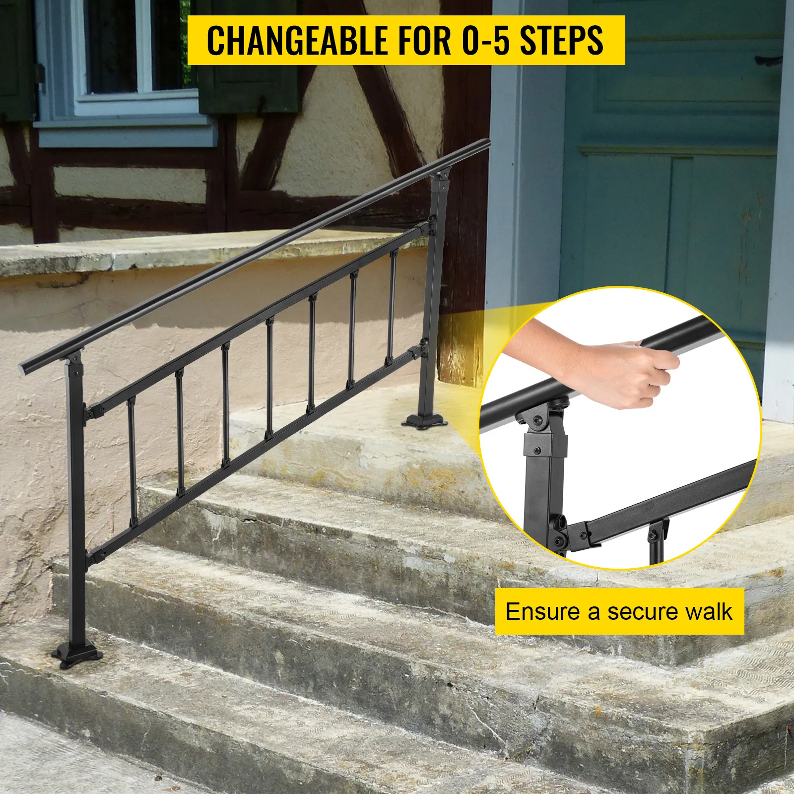 VEVOR outdoor stair railing adjustable for 0-5 steps, ensuring a secure walk.