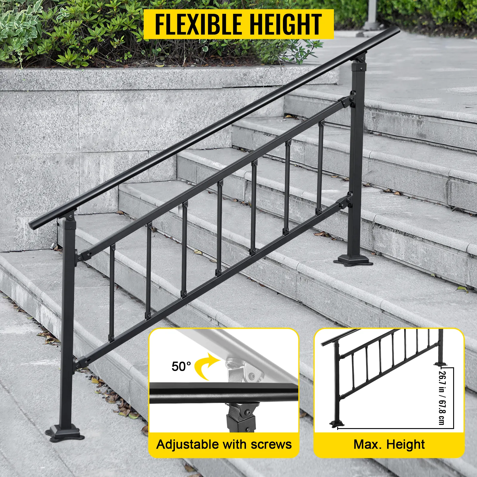 VEVOR outdoor stair railing with adjustable height for various staircases.