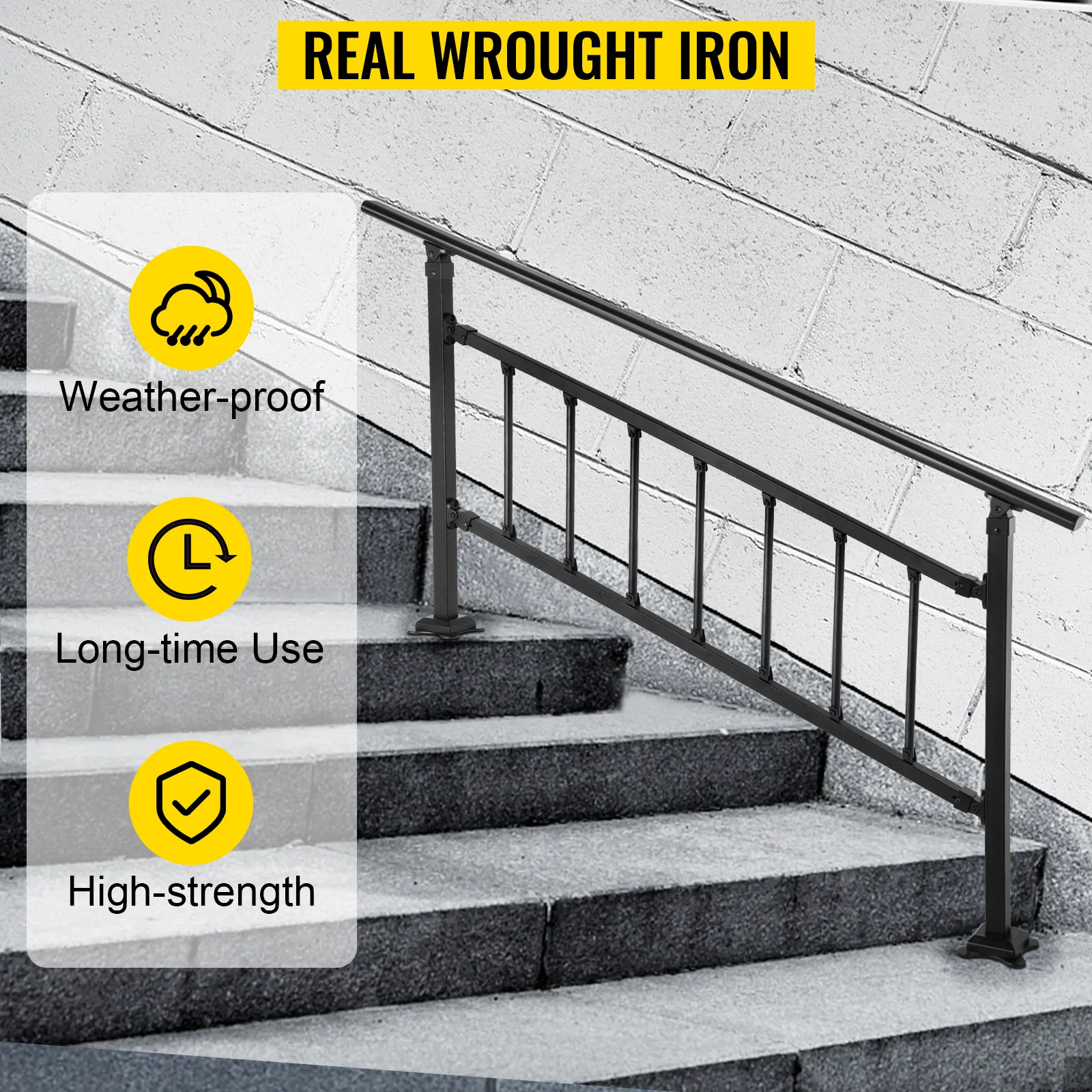 VEVOR outdoor stair railing, weather-proof, long-time use, high-strength wrought iron.