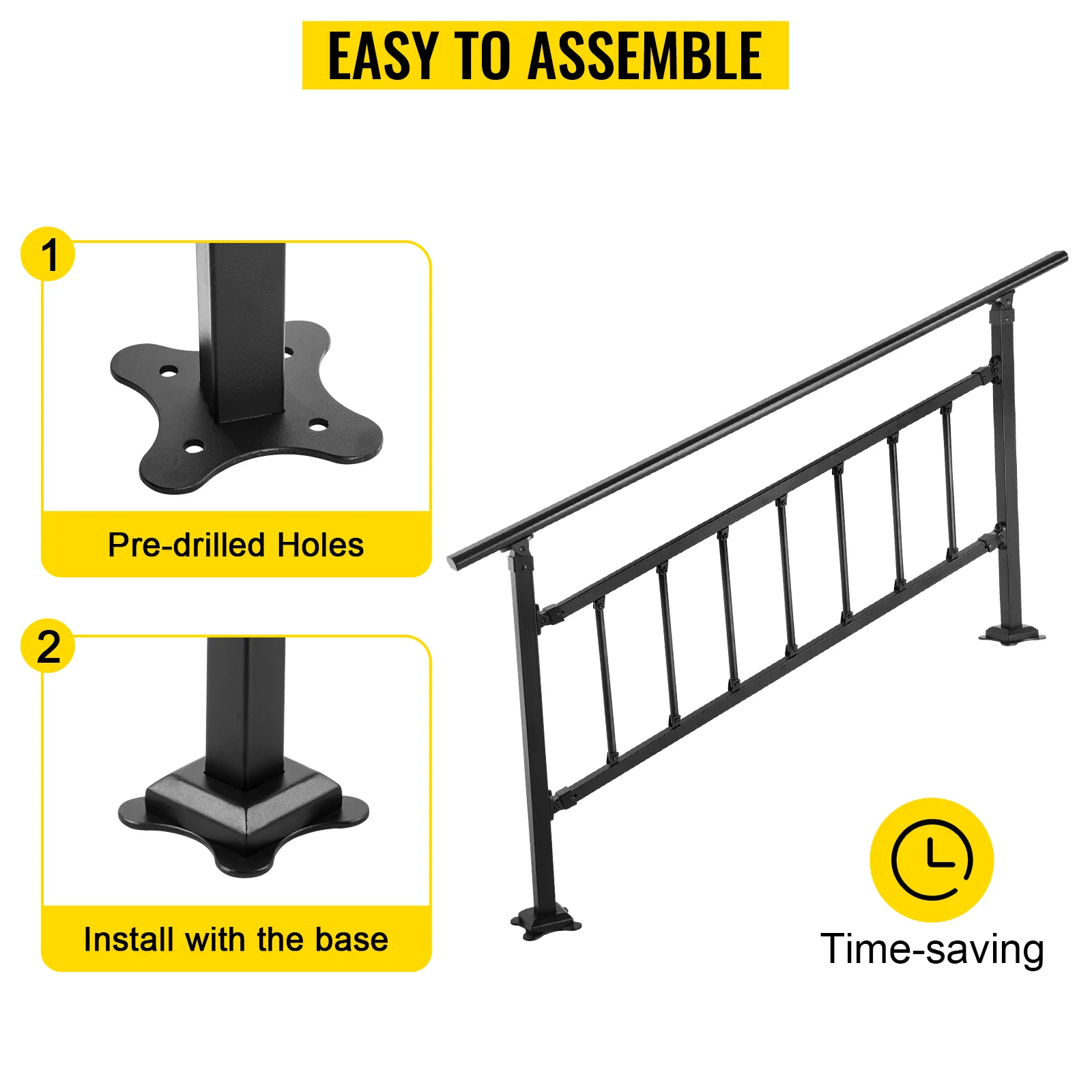 VEVOR outdoor stair railing with pre-drilled holes and easy base installation.