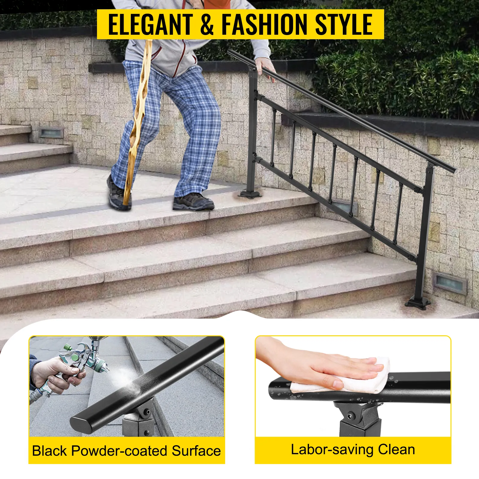 VEVOR outdoor stair railing with black powder-coated surface and easy-to-clean design.