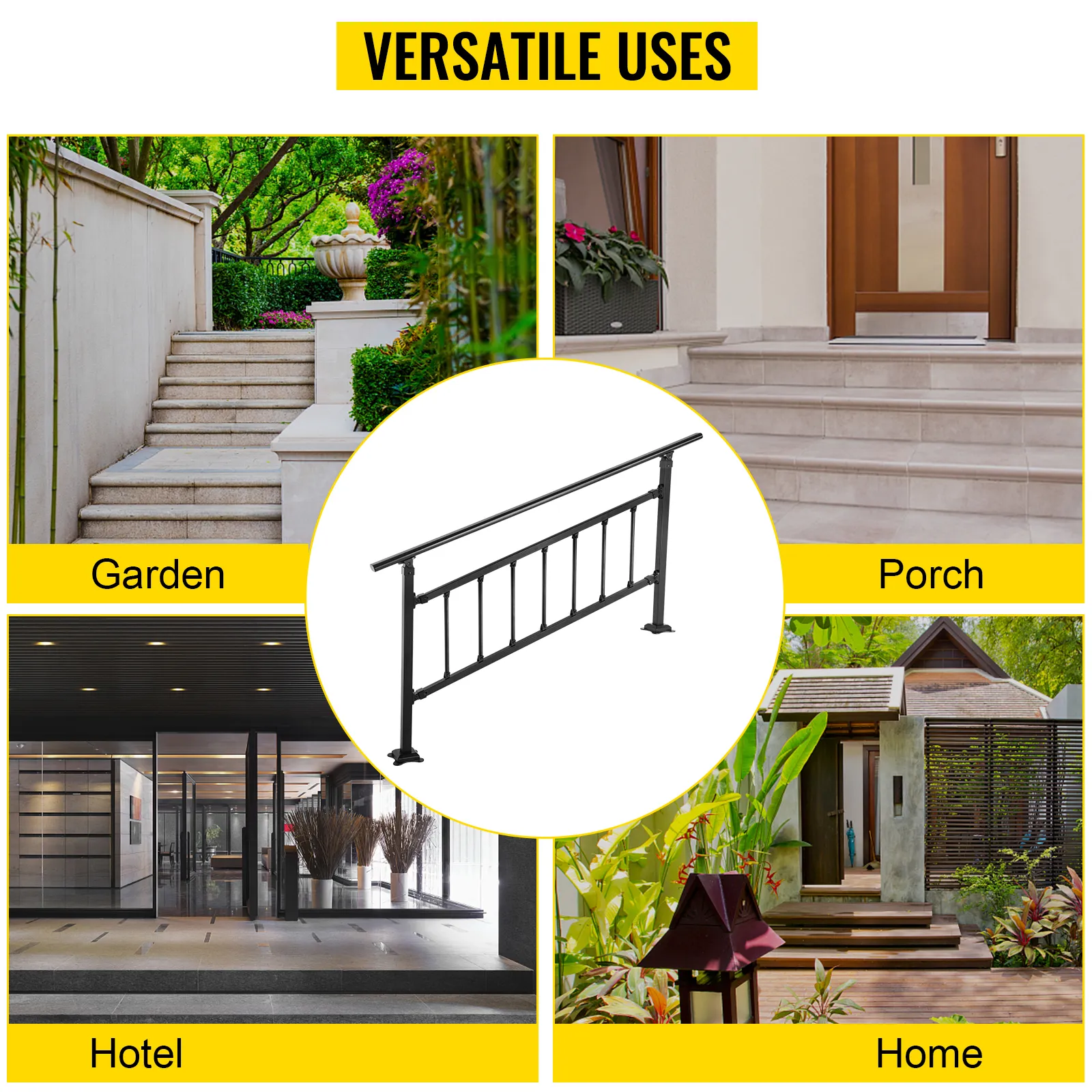 VEVOR outdoor stair railing for garden, porch, hotel, and home applications.