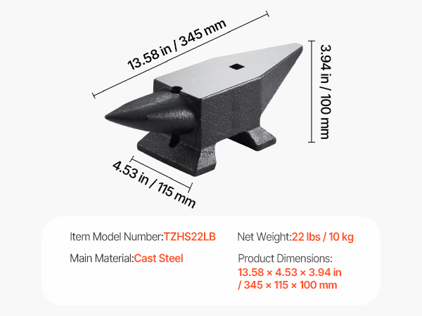 VEVOR Cast Iron Anvil, 22 Lbs/10kg Single Horn Anvil, with Large