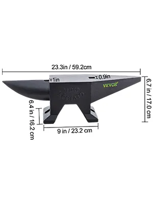 VEVOR cast iron anvil with dimensions 23.3x9x6.7 inches, blacksmith tool detailing for durability.