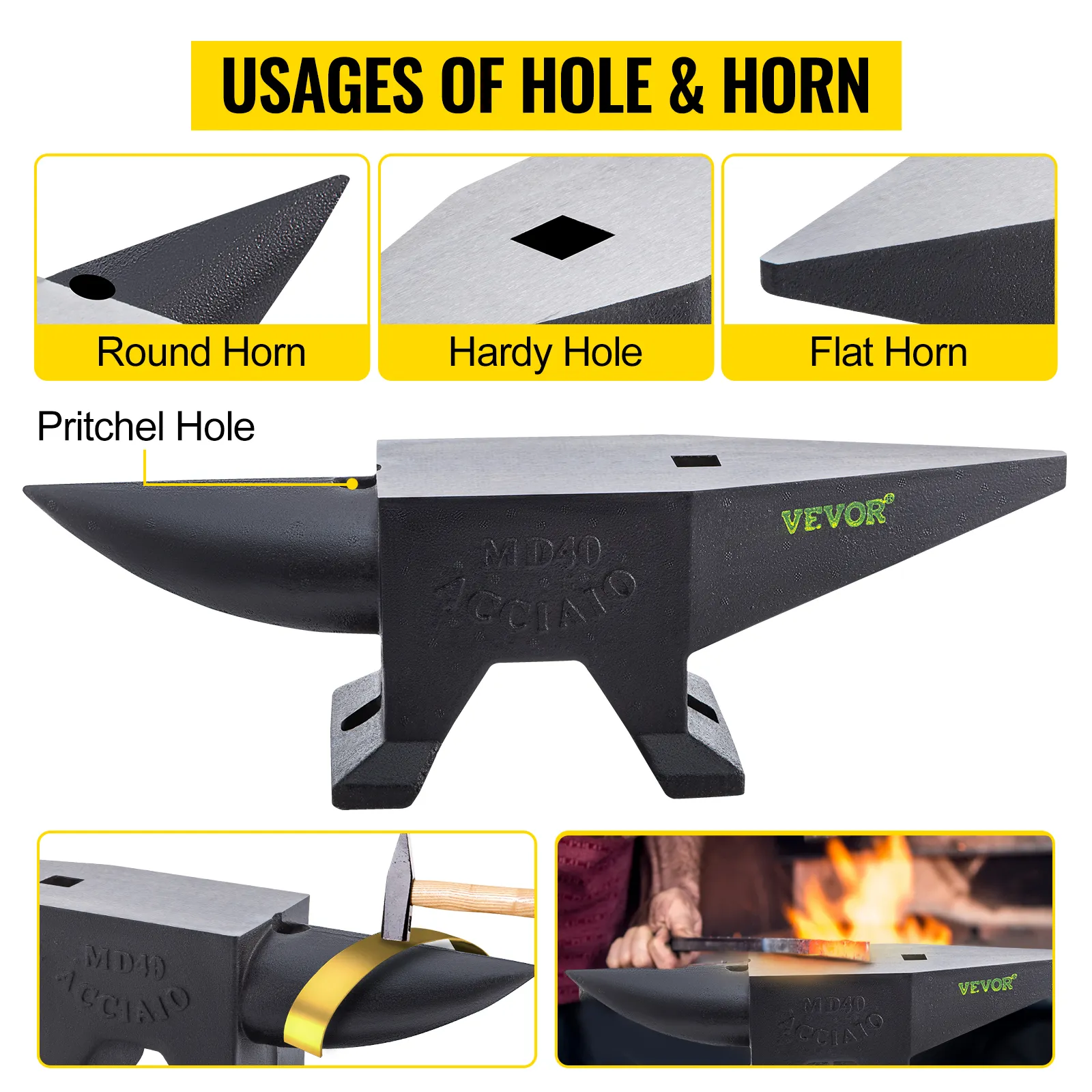 VEVOR cast iron anvil showcasing round horn, hardy hole, flat horn, and pritchel hole with usage examples.