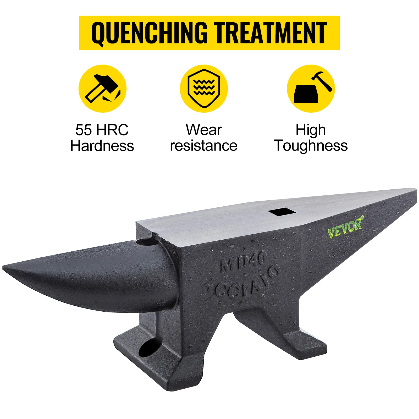 VEVOR cast iron anvil with 55 hrc hardness, wear resistance, and high toughness under quenching treatment.