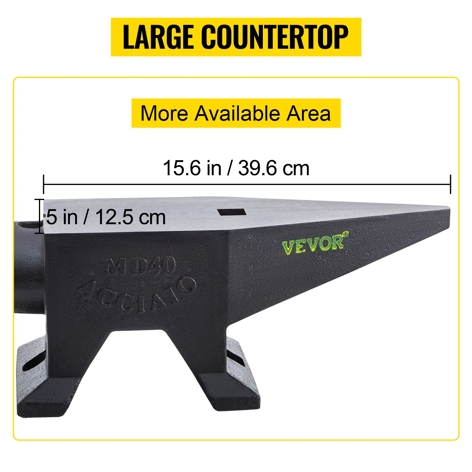 VEVOR cast iron anvil with large 15.6 in/39.6 cm countertop, 5 in/12.5 cm height, and black finish.