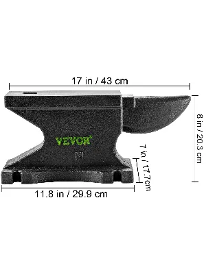 VEVOR cast iron anvil with dimensions: 17 in / 43 cm length, 8 in / 20.3 cm height, 11.8 in / 29.9 cm base.