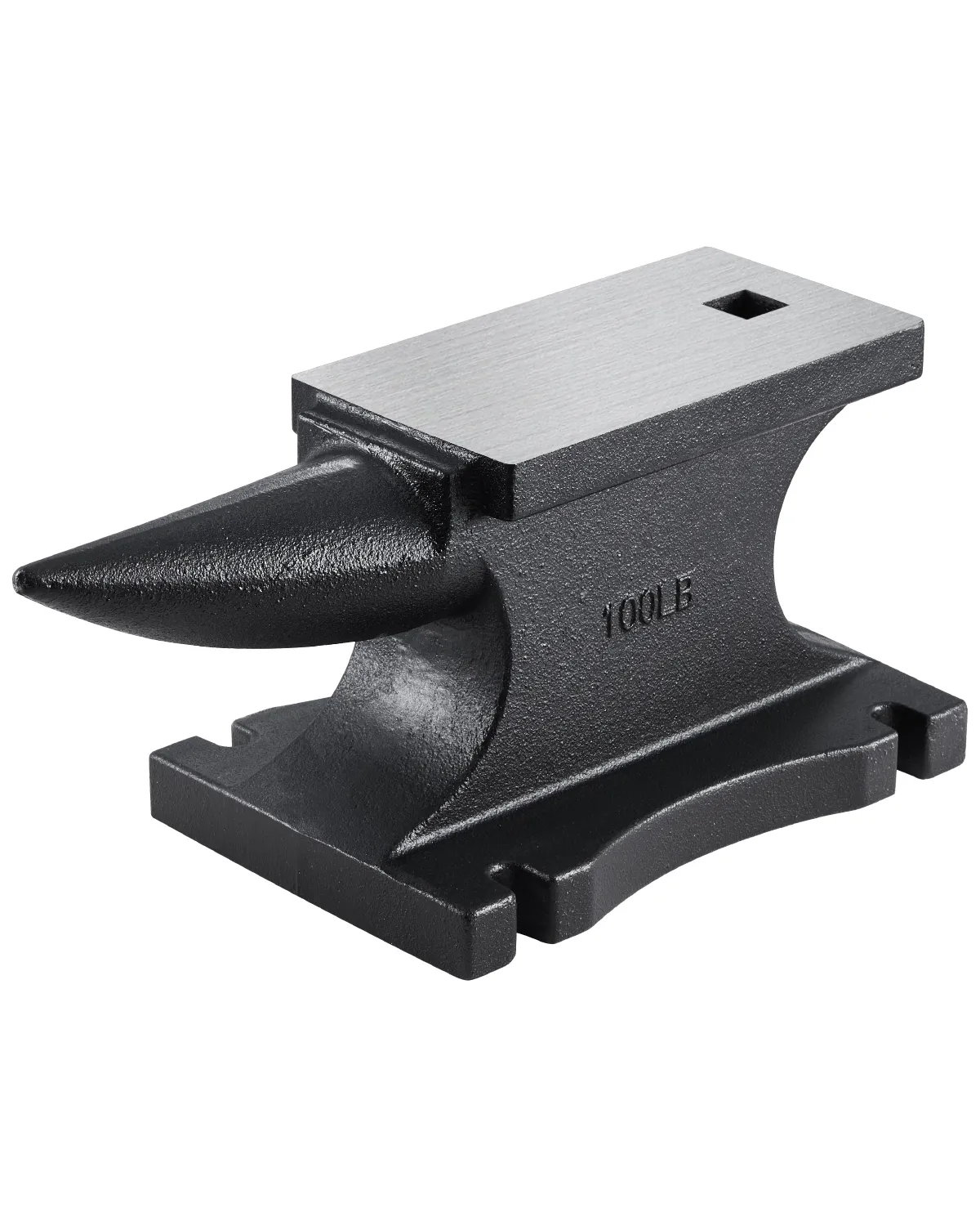 black VEVOR cast iron anvil with square hole on the top and curved horn, side view.