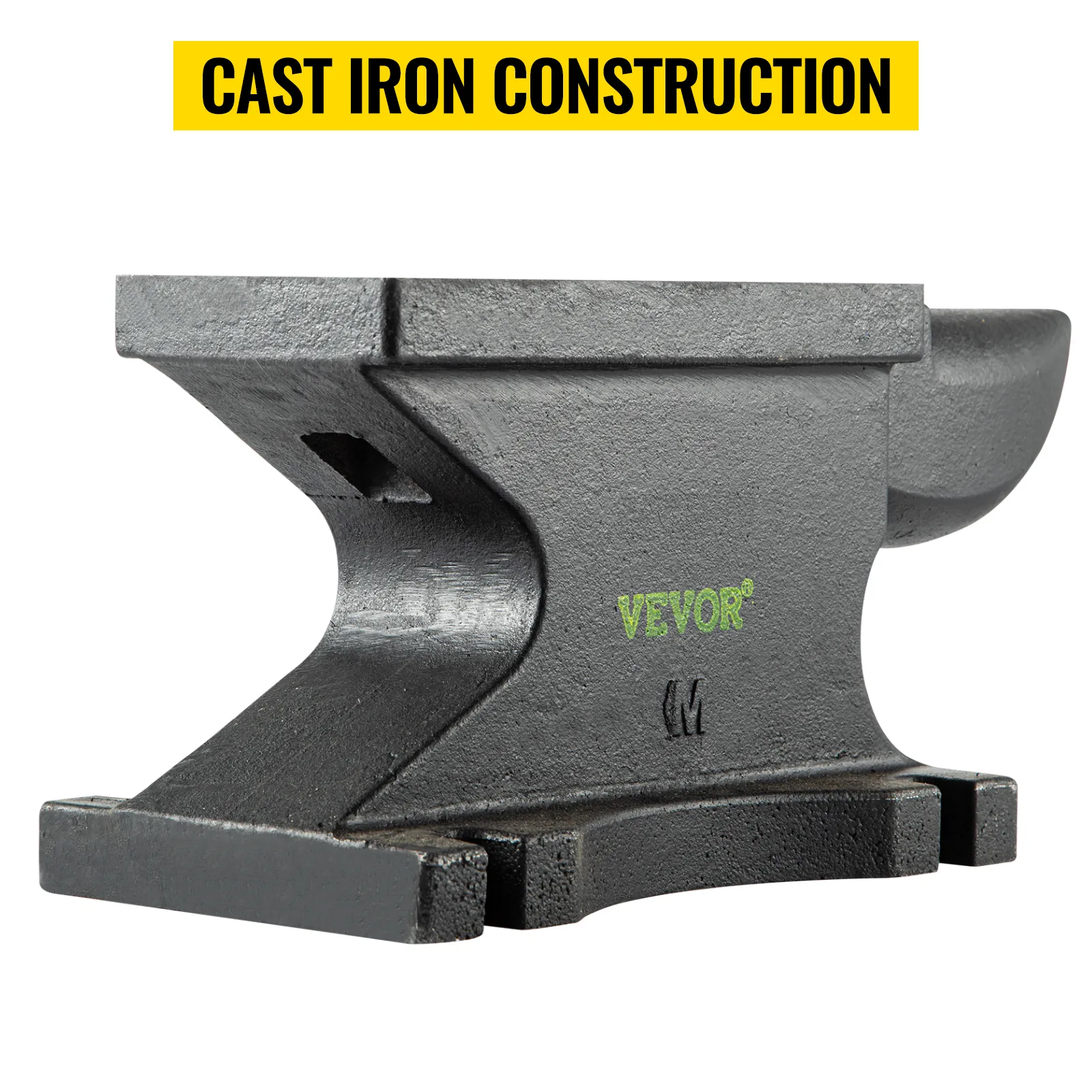 VEVOR cast iron anvil with durable construction highlighted by "cast iron construction" text.