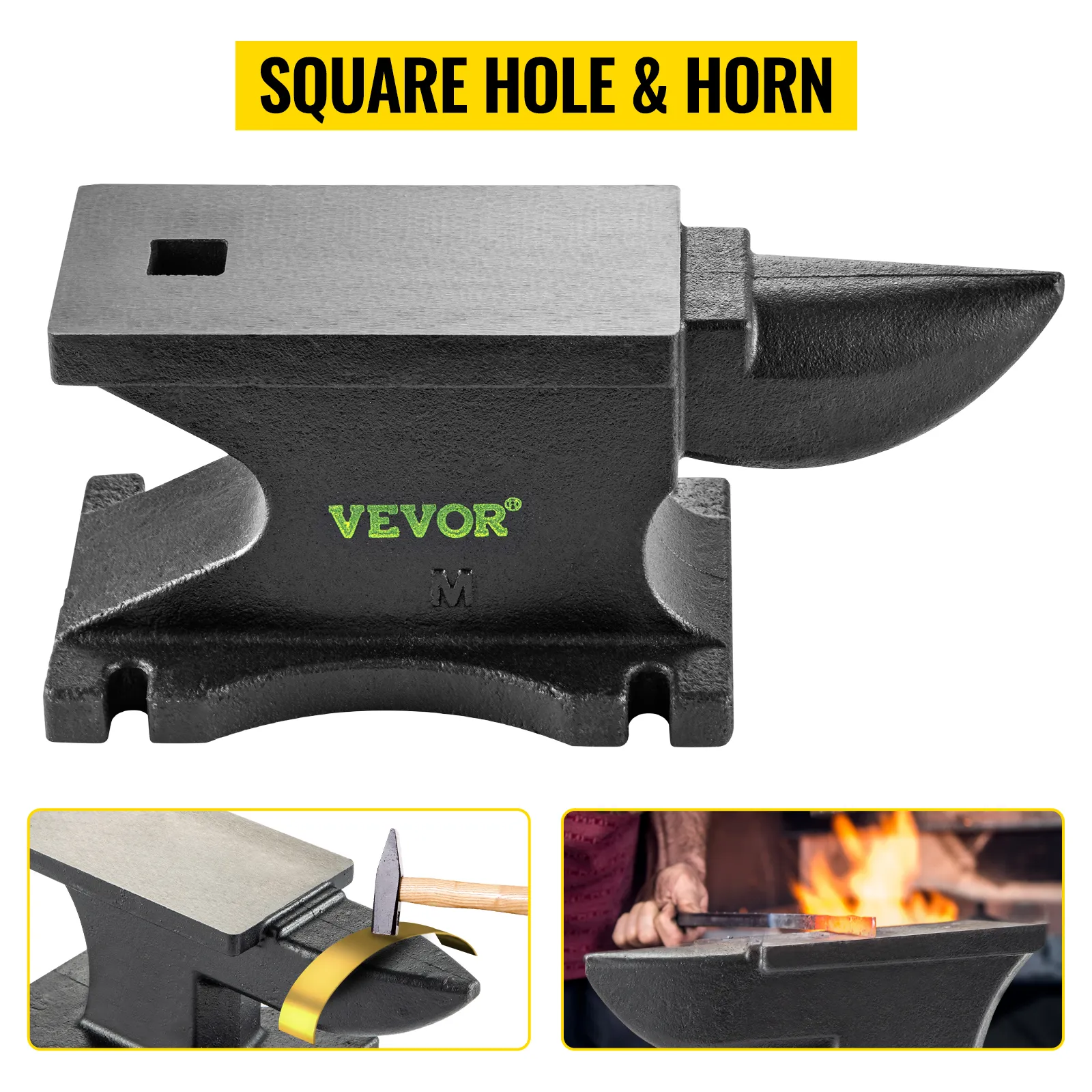VEVOR cast iron anvil with square hole and horn, close-ups of metalwork and blacksmithing in action.