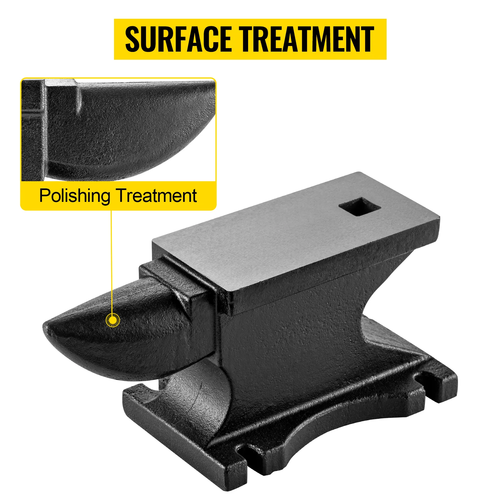 VEVOR cast iron anvil with polished surface treatment. durable blacksmith tool for metalworking.