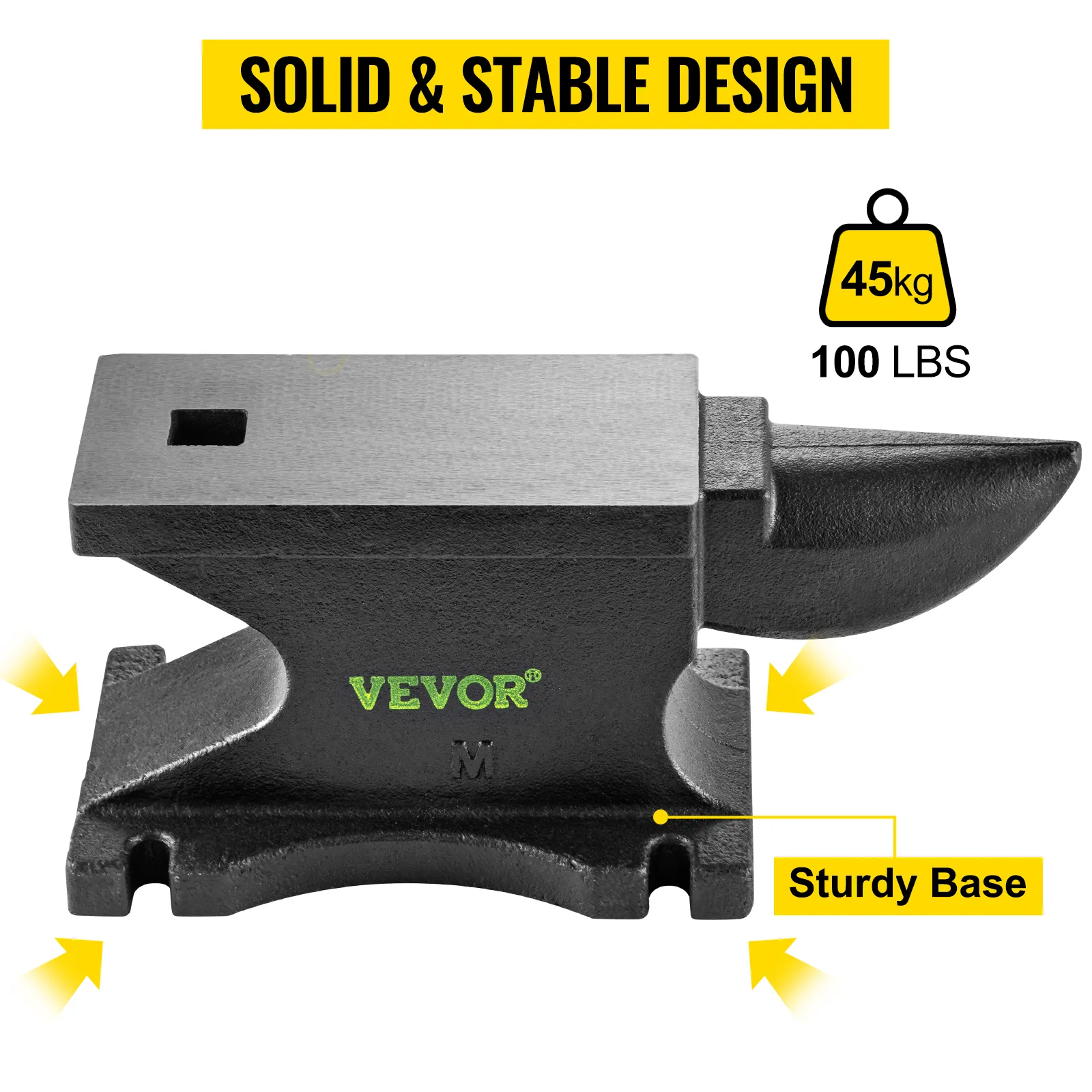 VEVOR cast iron anvil, 45kg (100 lbs), solid and stable design with a sturdy base.
