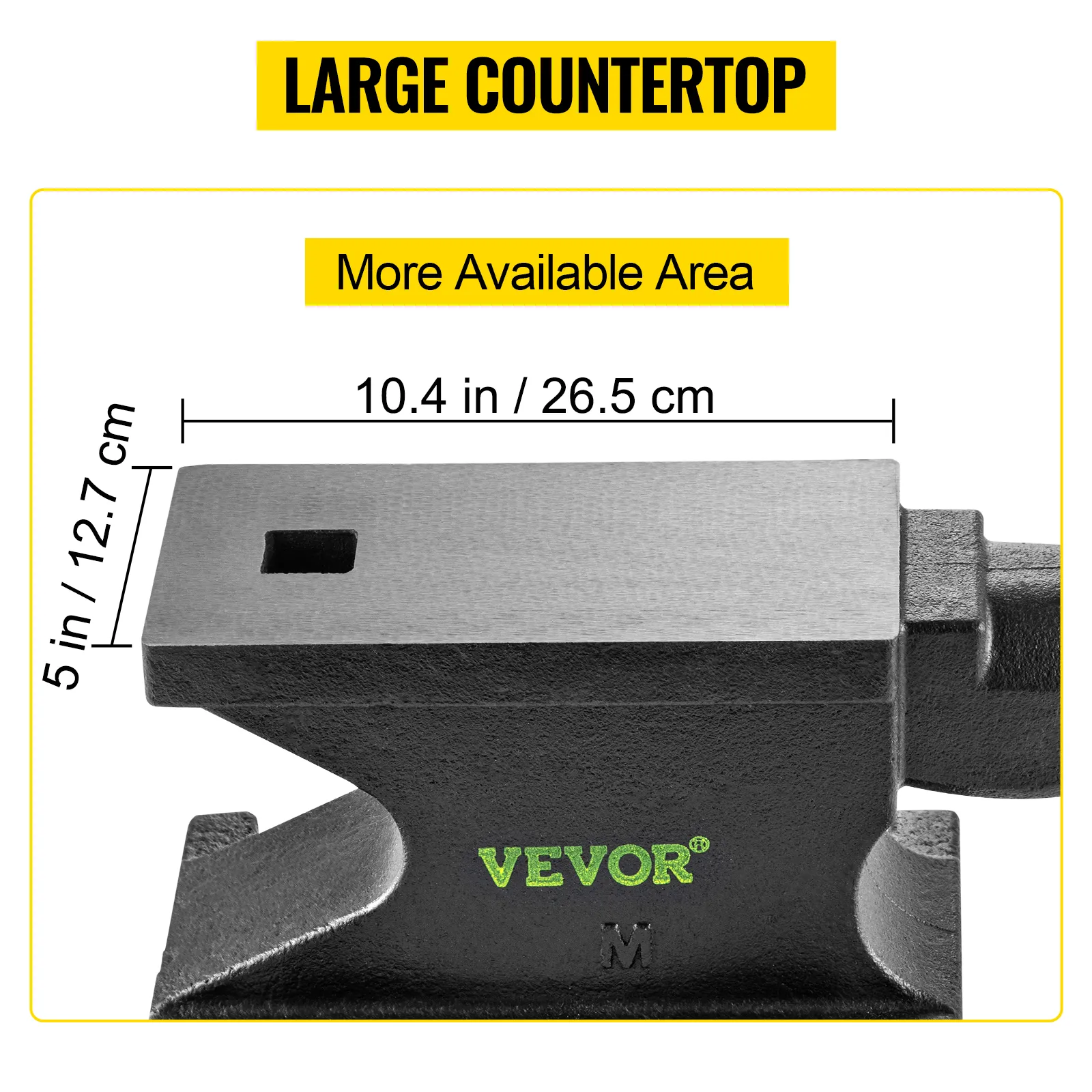 VEVOR cast iron anvil, large countertop, dimensions 10.4 in x 5 in, with more available area.
