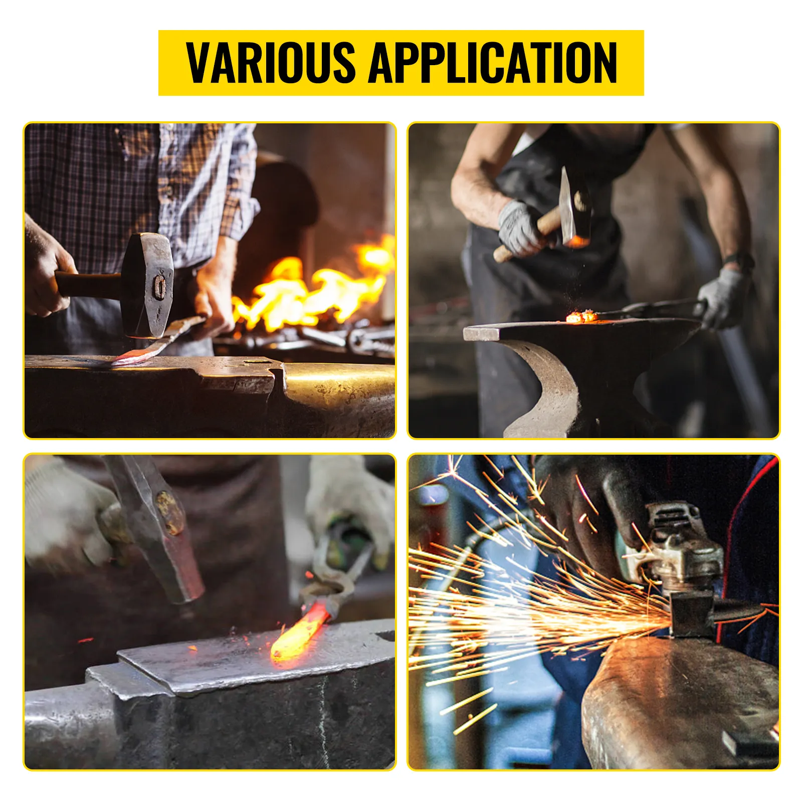 various blacksmithing applications using a VEVOR cast iron anvil, featuring hammers and hot metal.