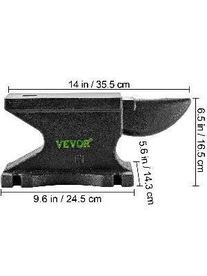 zwart VEVOR gietijzeren aambeeld met de afmetingen 14 inch x 6,5 inch x 9,6 inch.