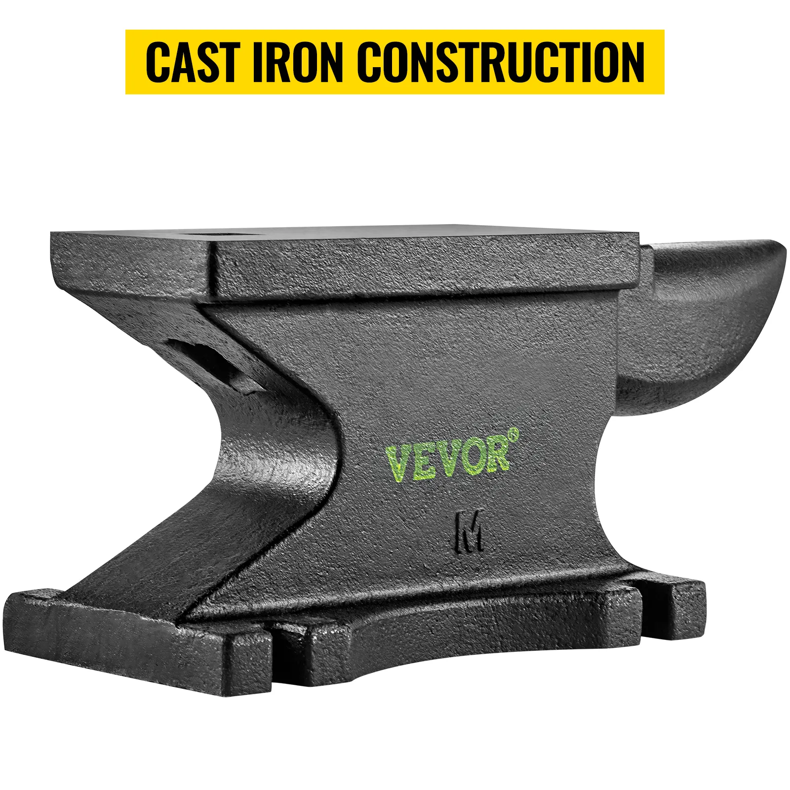 VEVOR gietijzeren aambeeld met platte bovenkant en afgeronde hoorn, met robuuste constructie.