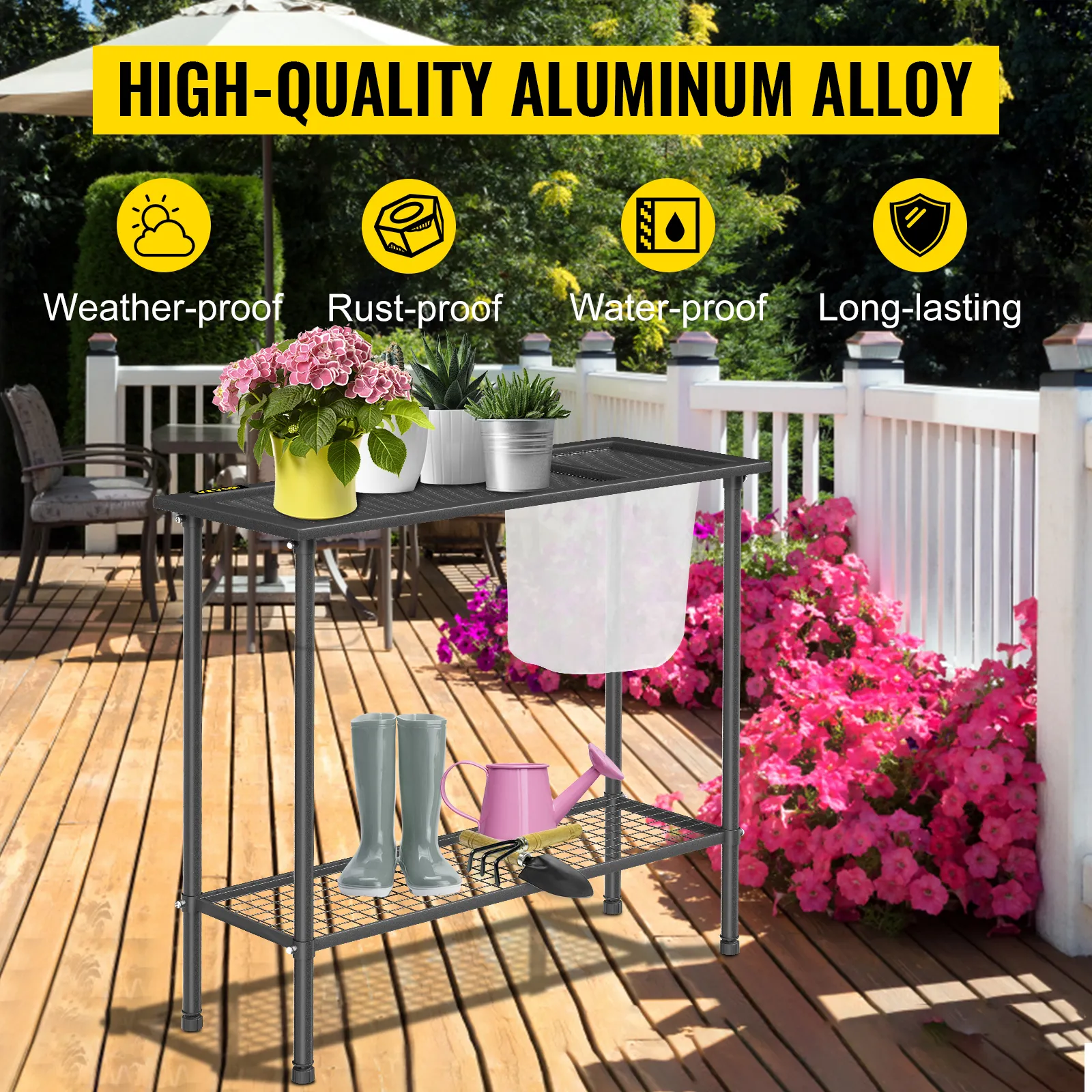 Banco de macetas VEVOR en cubierta con plantas, herramientas de jardinería y flores de fondo.