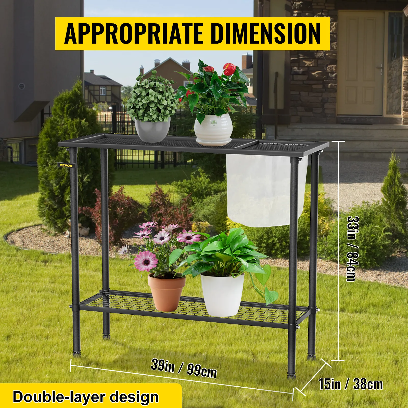 Banco para macetas VEVOR con plantas, diseño de doble capa, 39 pulgadas de ancho, en una configuración de jardín.