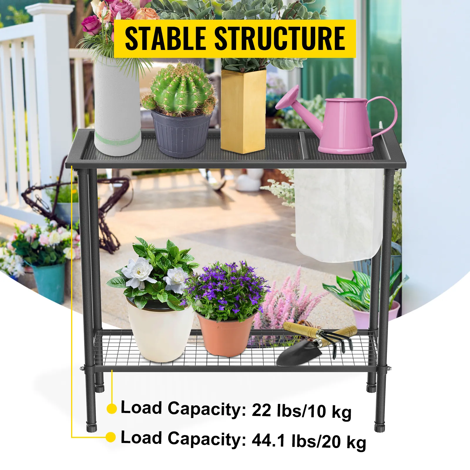 Banco para macetas VEVOR con varias plantas, regadera rosa y pancarta de estructura estable.