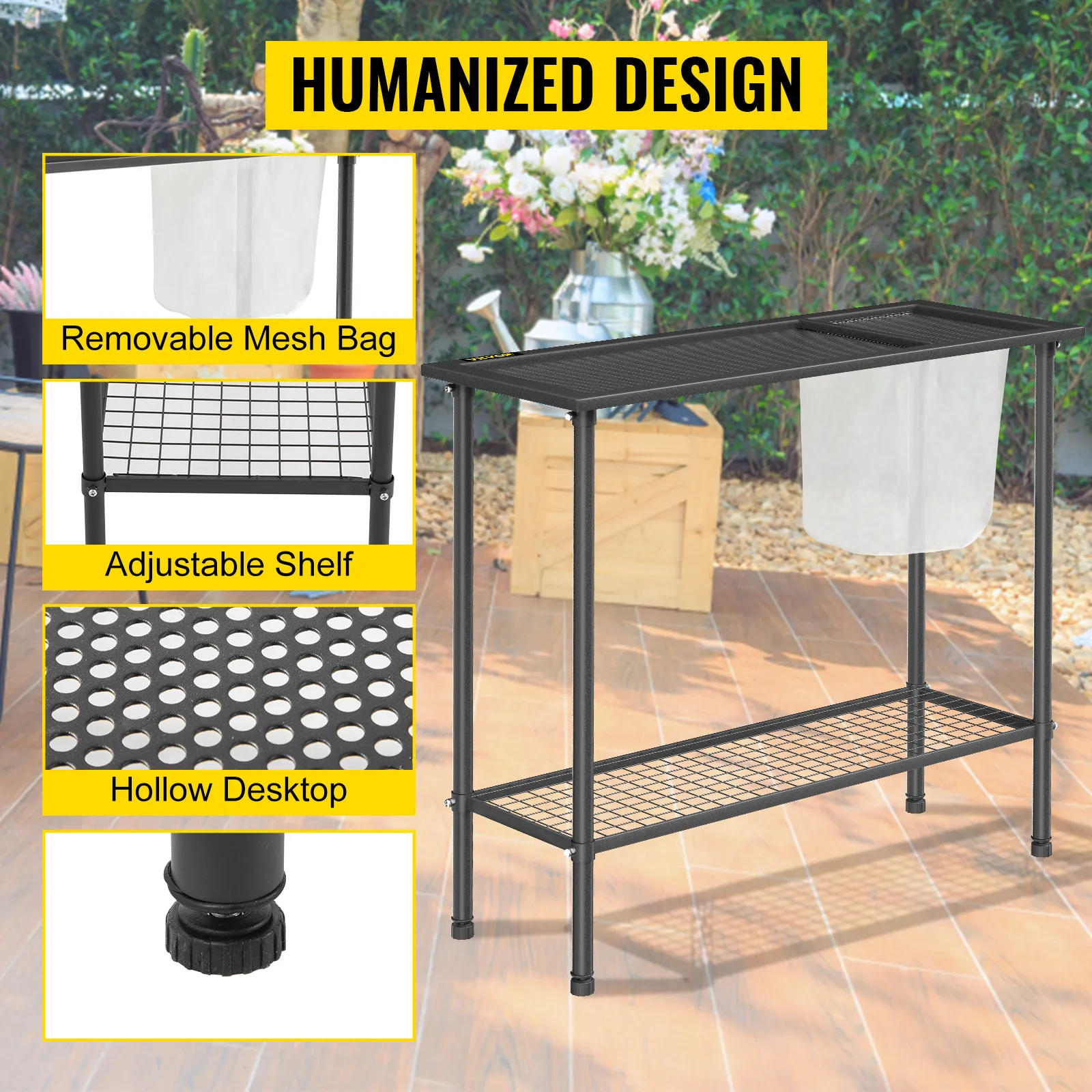 Banco de maceta VEVOR con bolsa de malla, escritorio hueco, estante ajustable, fondo de patio.