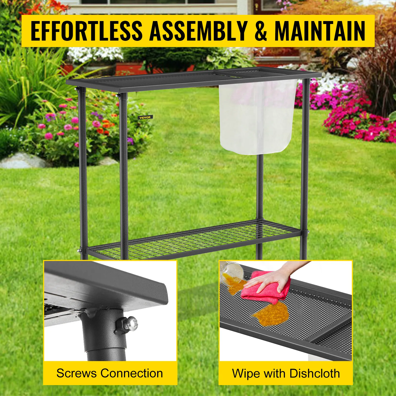 Banco para macetas VEVOR para un montaje y mantenimiento sin esfuerzo en un entorno de jardín.