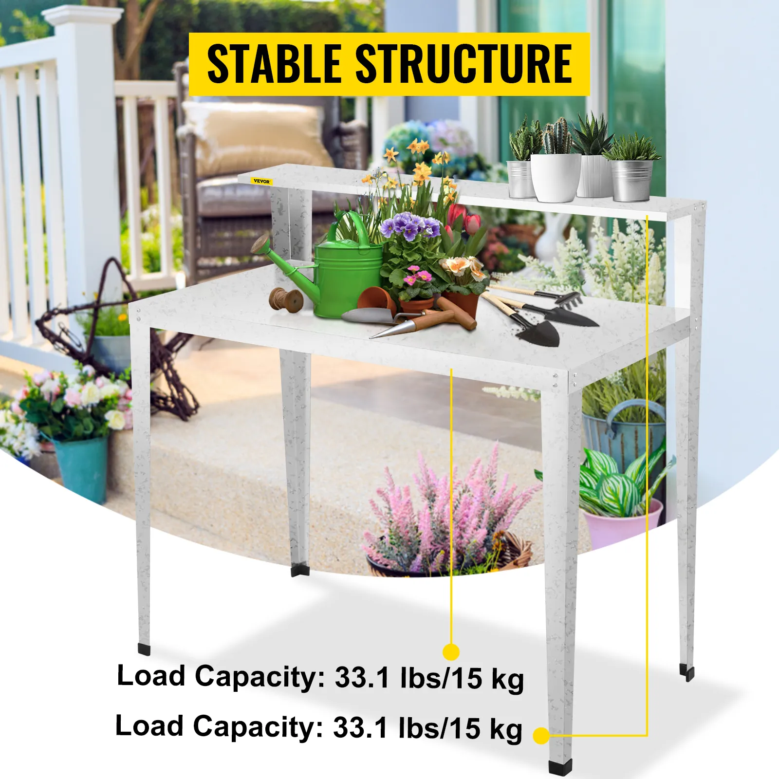 Banco de macetas VEVOR con herramientas, plantas y flores en un espacio de trabajo exterior resistente.