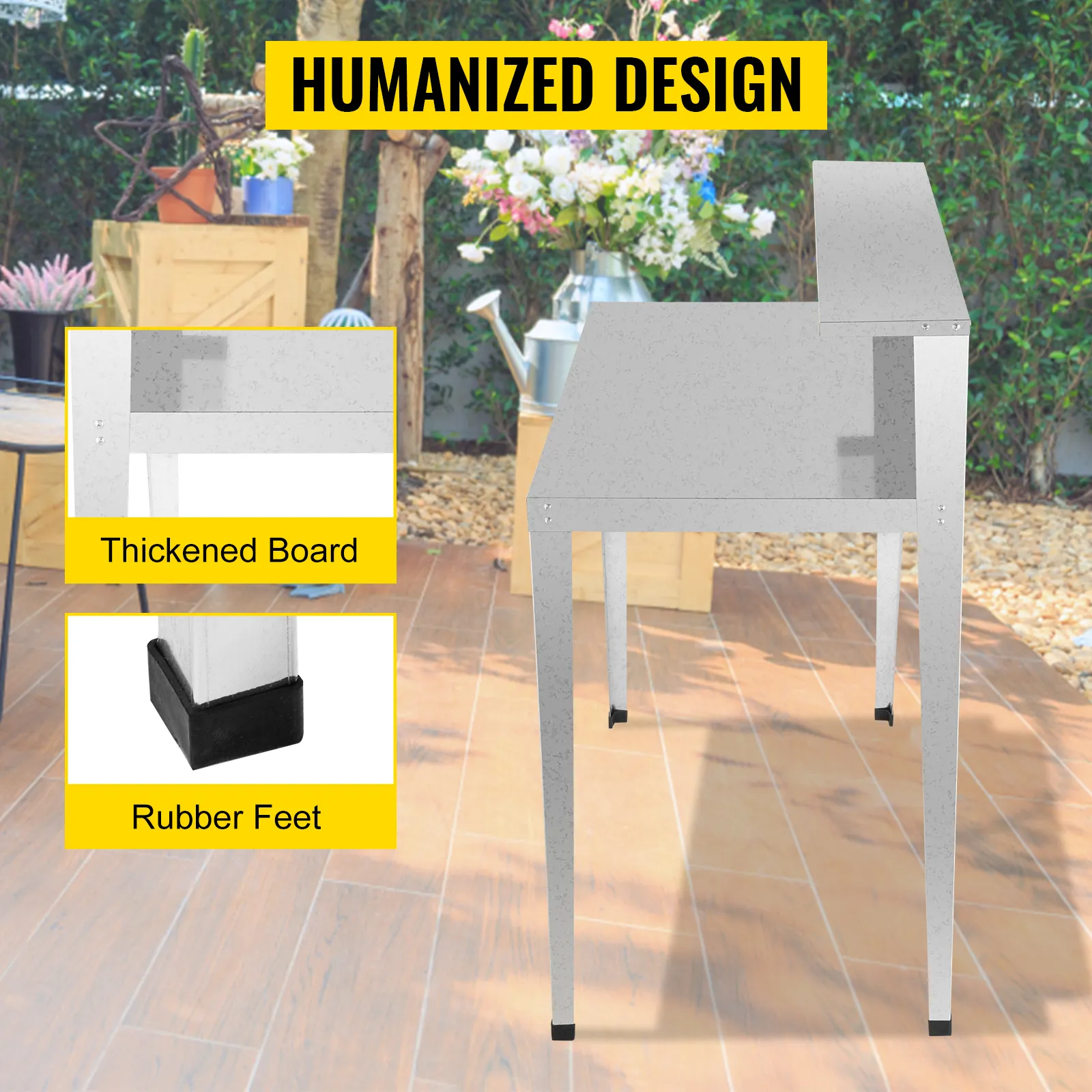 Banco para macetas VEVOR con tablero engrosado y patas de goma en un entorno de jardín.