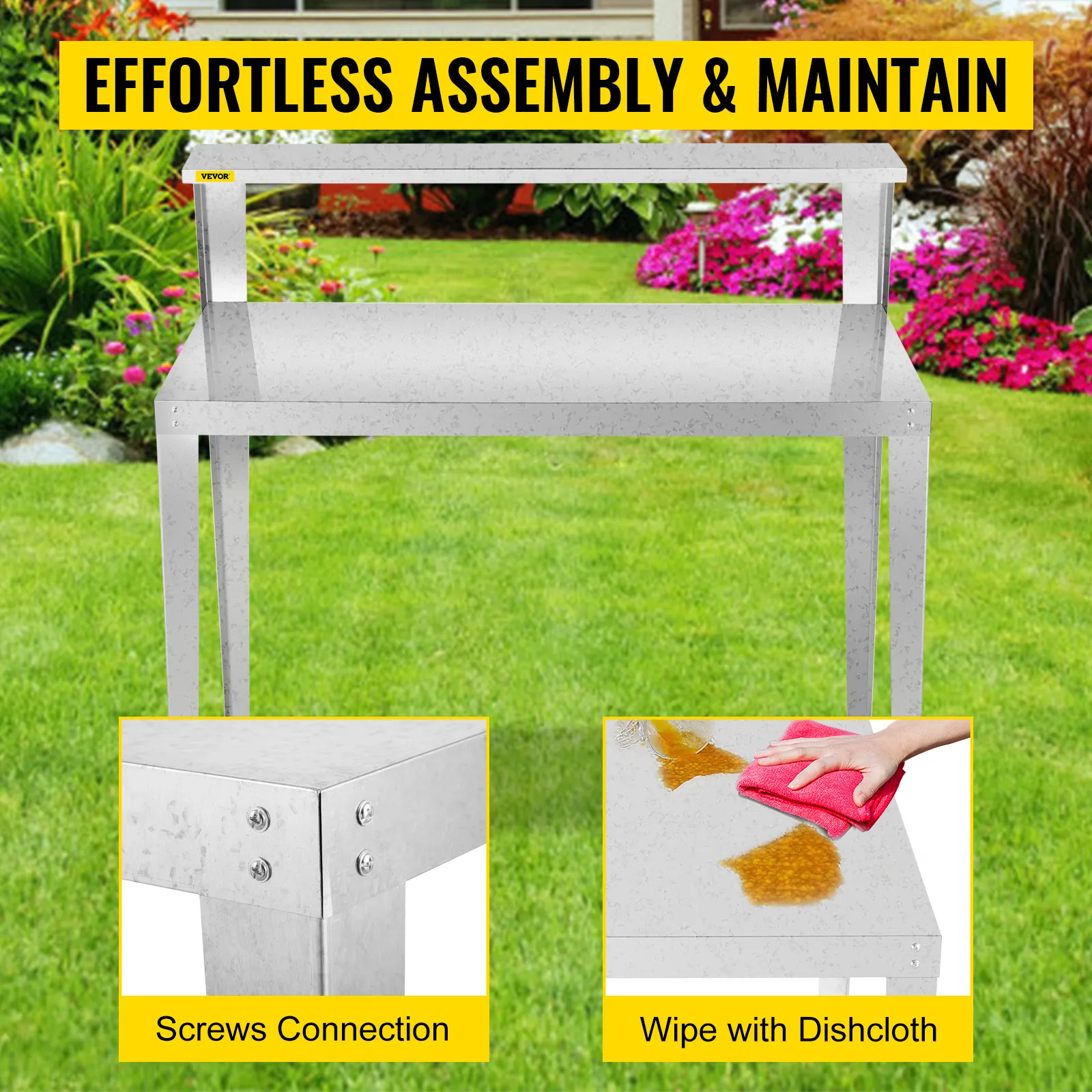 Banco para macetas VEVOR de fácil montaje y mantenimiento en entorno de jardín.