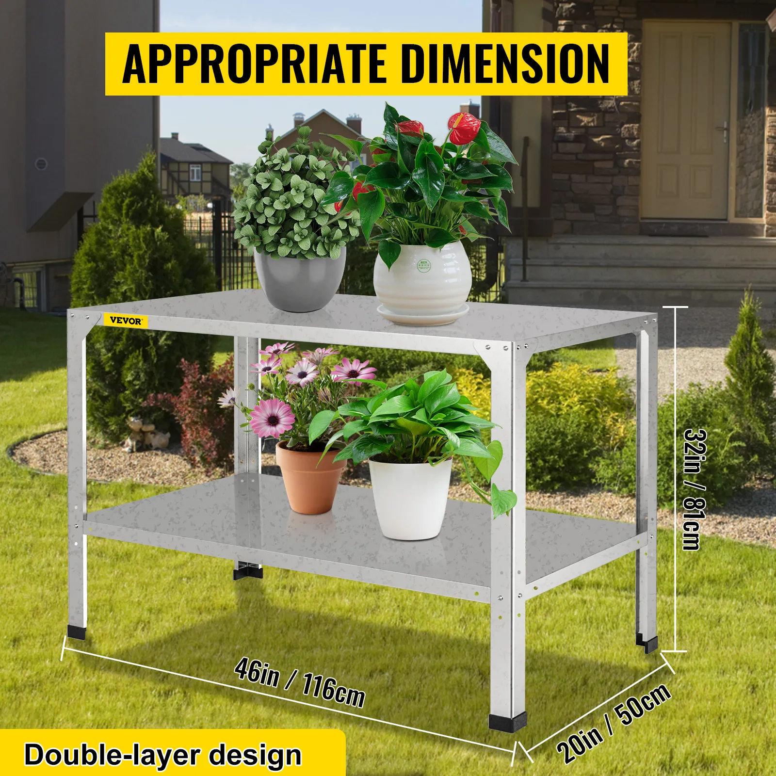 Banco para macetas VEVOR con diseño de doble capa y plantas en el jardín. Dimensiones: 46 x 20 x 32 pulgadas.