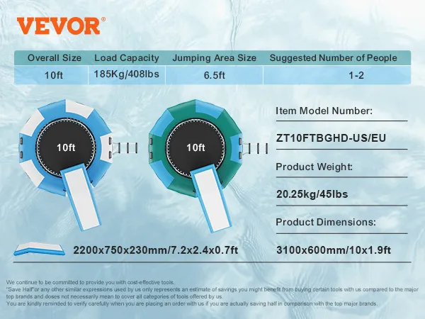 VEVOR watertrampoline, 3 meter diameter, draagvermogen 185 kg, springoppervlak van 2 meter, geschikt voor 1-2 personen.
