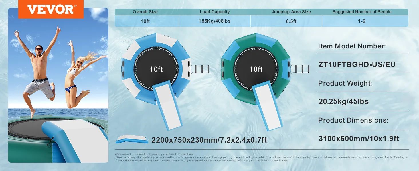 VEVOR watertrampoline, 3 meter diameter, draagvermogen 185 kg, springoppervlak van 2 meter, geschikt voor 1-2 personen.