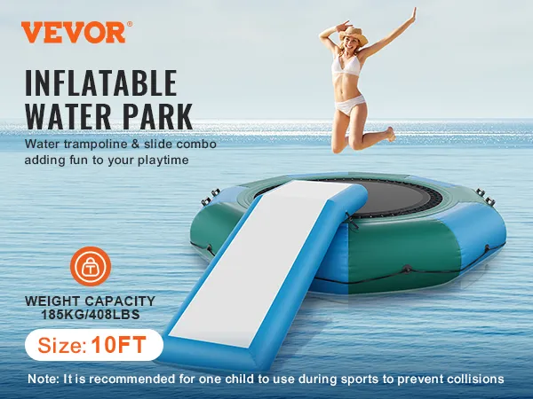 VEVOR watertrampoline, opblaasbaar waterpark van 3 meter met glijbaancombinatie in de oceaan, draagvermogen 184 kg.