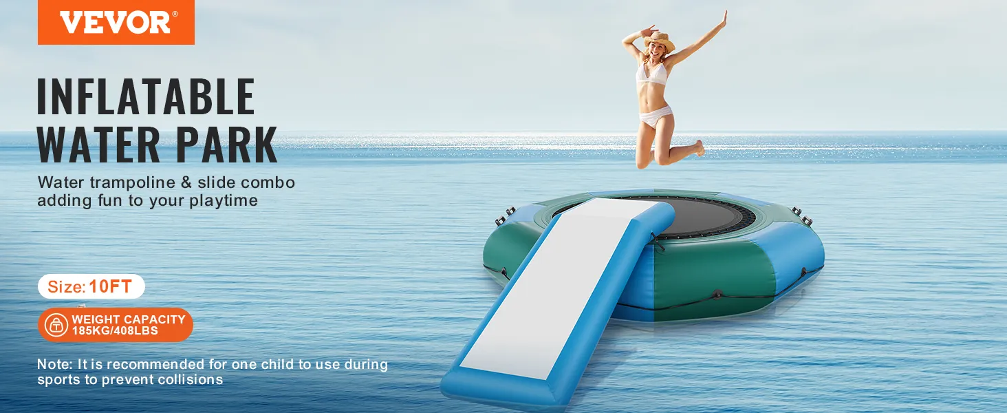 VEVOR watertrampoline, opblaasbaar waterpark van 3 meter met glijbaancombinatie in de oceaan, draagvermogen 184 kg.