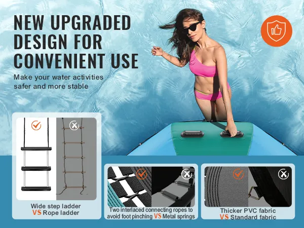 nieuw verbeterd VEVOR watertrampoline-ontwerp; brede trapladder, dikker pvc-doek, verweven touwen.