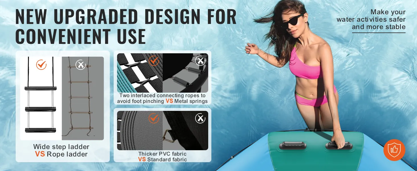 nieuw verbeterd VEVOR watertrampoline-ontwerp; brede trapladder, dikker pvc-doek, verweven touwen.