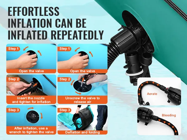 Moeiteloze VEVOR watertrampoline opblaas- en leegloopstappen met instructies voor het mondstuk en het ventiel.