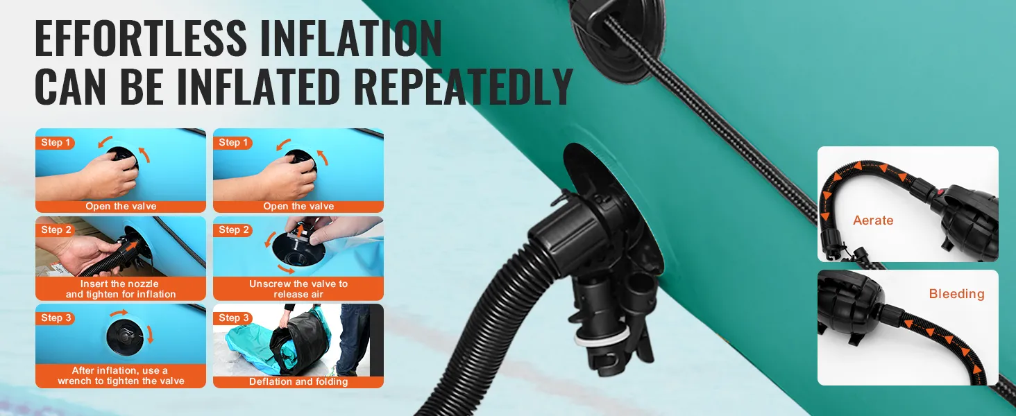 Moeiteloze VEVOR watertrampoline opblaas- en leegloopstappen met instructies voor het mondstuk en het ventiel.