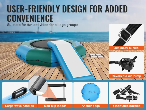 VEVOR watertrampoline met glijbaan, omkeerbare luchtpomp, grote golfgrepen en antislipladder.