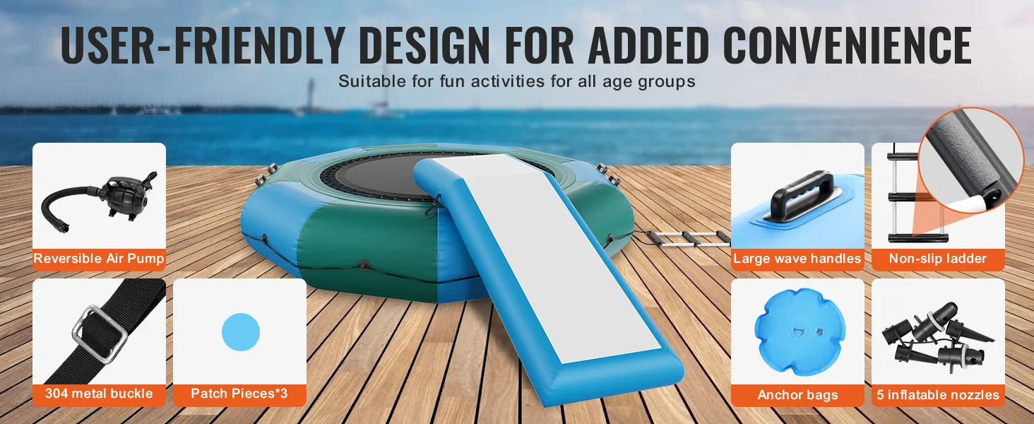 VEVOR watertrampoline met glijbaan, omkeerbare luchtpomp, grote golfgrepen en antislipladder.